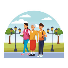 young person with the elderly cartoon