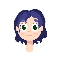 Young girl with big green eyes and purple hair.
