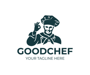 Chef or cook in cap and shows gesture okay, logo design. Kitchen, restaurant, snack bar, gastronomy and cooking food, vector design and illustration