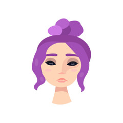 Young girl with big black eyes and violet hair.