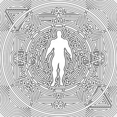 Mystery, witchcraft, occult and alchemy tattoo sign. Mystical vintage gothic geometry thin lines symbol with silhouette of a muscular man. 3D rendering