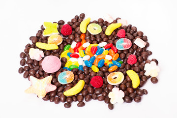 Colorful candy, lollipop and sweets isolated on white background. Top view. Selective focus.