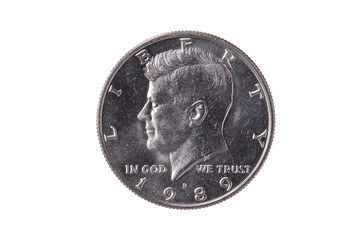 USA half dollar nickel coin (50 cents) dated 1989 with a portrait image of President John Kennedy...