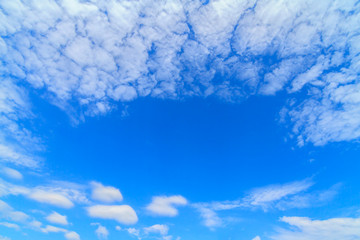 Windy day phenomenon. Blurred white fluffy clouds flying on blue sky after hard raining. Background for business target or meteorology presentation or inspiration concept - obrazy, fototapety, plakaty