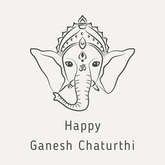 Happy Ganesh Chaturthi - greeting card for the Hindu holiday. Concept of Indian philosophy. Vector illustration of Hindu god lord Ganesha.