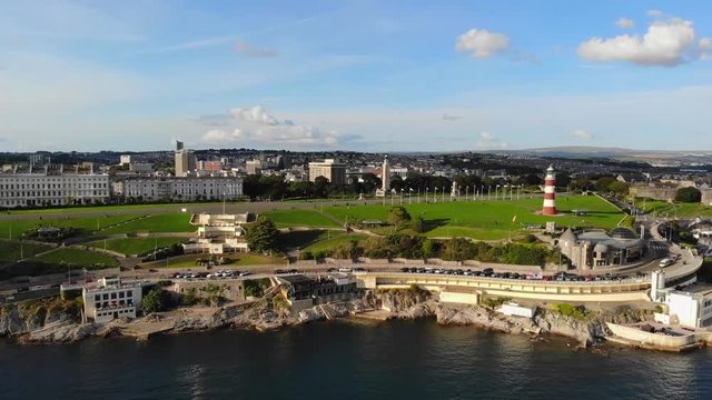 Drone push in over Plymouth Hoe, Devon, United Kingdom.