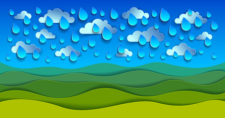 Obraz premium Scenic nature landscape of green grass meadow under rain drops cloudy rainy sky cartoon paper cut modern style vector illustration.