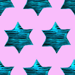 Seamless Watercolor Stars Pattern. Magic Festive Background. Hand Drawn Doodle Stars. Baby Design. Abstract Rapport for Wallpaper, Textile, Linen, Wrapping, Posters, Cards, Banner. New Year, Birthday 