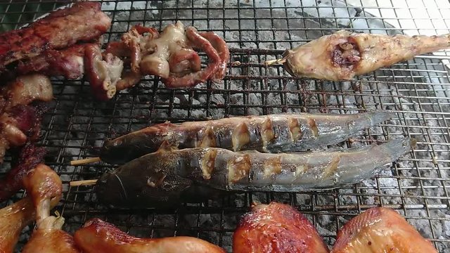Grilled cat fish and assorted meat over the coals on a barbecue