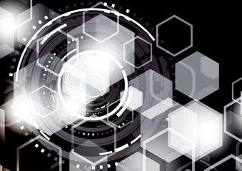 Bright abstract circles and hexagons on a dark background. The concept of communication design, innovation, digital technology, security. Vector illustration