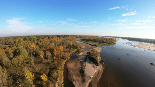 Vistula River Near Warsaw, Mazovian Voivodeship, Poland. Autumn Sunny Day. The Drone Is Flying Up.