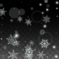 Fototapeta na wymiar Christmas Vector Background with White Falling Snowflakes Isolated on Transparent Background. Realistic Snow Sparkle Pattern. Snowfall Overlay Print. Winter Sky. Design for Party Invitation.