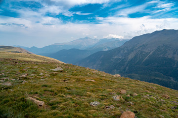 Sweeping views of Rocky Mountain park under cloudy skies as seen from the southern section of the park