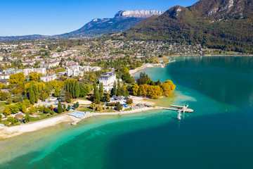 Aerial view of Annecy lake waterfront low tide level due to the drought in France - obrazy, fototapety, plakaty