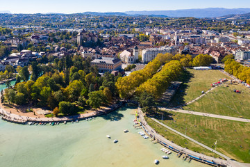 Aerial view of Annecy lake waterfront low tide level due to the drought in France