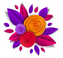 Design with autumn flowers and leaves paper cut style, vector floral illustration. Wedding invitation or fall seasonal romantic greeting card.