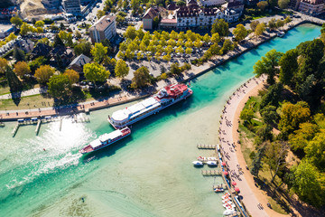 Aerial view of Annecy lake waterfront low tide level due to the drought in France