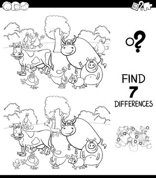 differences game with farm animals color book