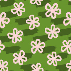 Repeating brushstrokes and flowers drawn by hand. Floral seamless pattern painted with rough brush. Watercolor, sketch, grunge.