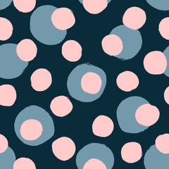 Randomly scattered rounded dots painted with watercolour brush. Seamless pattern for girls. Sketch, watercolor, grunge. Trend girly print.