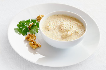 chicken in walnuts sauce decorated with cilantro and walnuts