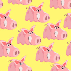 Seamless pattern with the image of a cartoon pink pig, the symbol of the Chinese New Year, on an isolated background. Vector illustration