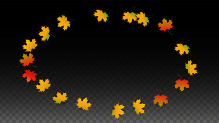 September Vector Background with Golden Falling Leaves. Autumn Illustration with Maple Red, Orange, Yellow Foliage. Isolated Leaf on Transparent Background. Bright Swirl. Suitable for Posters.