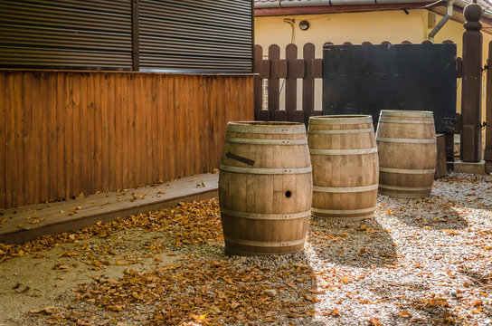 Three wooden barrels 