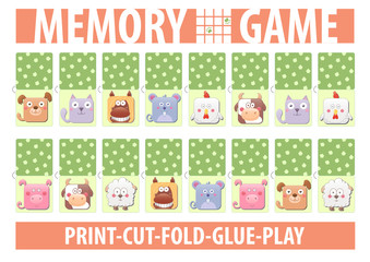 Memory card game with cartoon animals. Different domestic farm pets. Horizontal A4