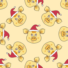 New year seamless pattern with pigs fase in hat on a yellow background.Vector illustration.Print