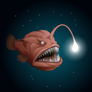 Anglerfish mouth on dark background. Luminous bait and anglerfish teeth. Vector illustration