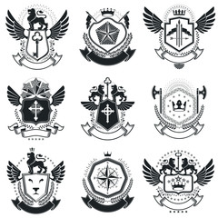 Heraldic designs, vector vintage emblems. Coat of Arms collection, vector set.