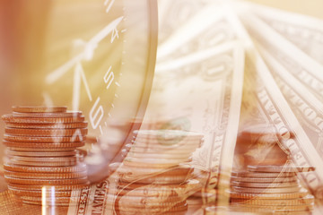 Double exposure Rows of coins of Clock,cash,money, dollar on the table,finance and business concept,Tex time soft focus and blurred style,dark tone.