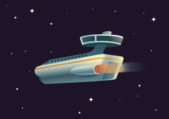Spaceship, space station, transport spacecraft on black sky background with stars, which carries passengers in the space