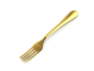 Golden fork on a white background. 3D illustration
