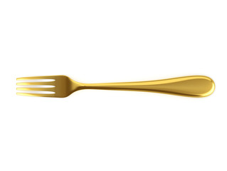 Golden fork on a white background. 3D illustration