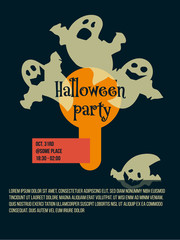 Halloween party invitation poster design template, with ghosts on dark background, vector graphics - 228160758