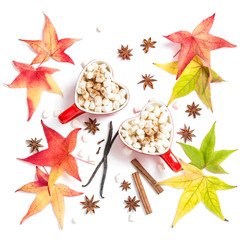 Obraz na płótnie Canvas Cups hot drink spices Flat lay decoration autumn leaves