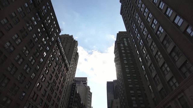 Low angle aerial drone shot of NYC New York City Manhattan skyscraper buildings