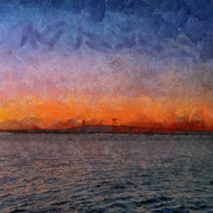 Hand drawing watercolor art on canvas. Artistic big print. Original modern painting. Acrylic dry brush background. Beautiful sea landscape. Charming sunset. Resort view. Exotic paradise.