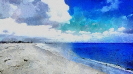Hand drawing watercolor art on canvas. Artistic big print. Original modern painting. Acrylic dry brush background. Beautiful sea beach landscape. Bright blue sky. Tropical exotic resort.