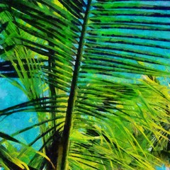 Hand drawing watercolor art on canvas. Artistic big print. Original modern painting. Acrylic dry brush background. Beautiful landscape. Bright blue sky. Tropical exotic resort. Green palm branch