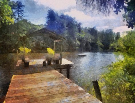 Hand drawing watercolor art on canvas. Artistic big print. Original modern painting. Acrylic dry brush background. Beautiful autumn landscape. Wild lake nature. Arbor on the wooden bridge.