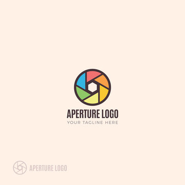 Photography logo branding with colorful camera lens aperture blades vector illustration