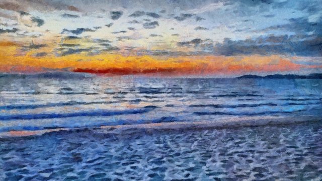 Hand drawing watercolor art on canvas. Artistic big print. Original modern painting. Acrylic dry brush background. Beautiful sea landscape. Charming sunset. Resort view. Exotic paradise.