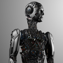 Robot Man or very detailed futuristic cyborg with uncovered internal body system on gray background. 3D Render