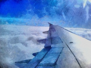 Hand drawing watercolor art on canvas. Artistic big print. Original modern painting. Acrylic dry brush background. Beautiful air landscape. Airplane view. Boeing 737. Bright sky.