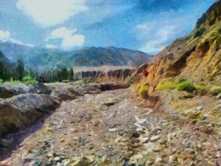 Hand drawing watercolor art on canvas. Artistic big print. Original modern painting. Acrylic dry brush background. Beautiful mountain landscape. Wonderful wild nature view. Traveling resort.