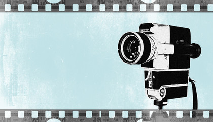 Vintage Kamera auf Stativ, Hintergrund mit Filmstreifen in retro Pastellfarben, blau