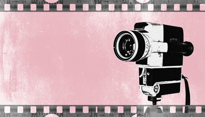 Vintage Kamera auf Stativ, Hintergrund mit Filmstreifen in retro Pastellfarben, rosa